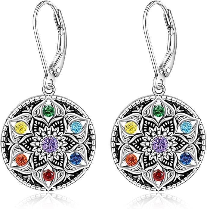 Mandala Chakra Earrings for Women Sterling Silver Yoga Lotus Flower